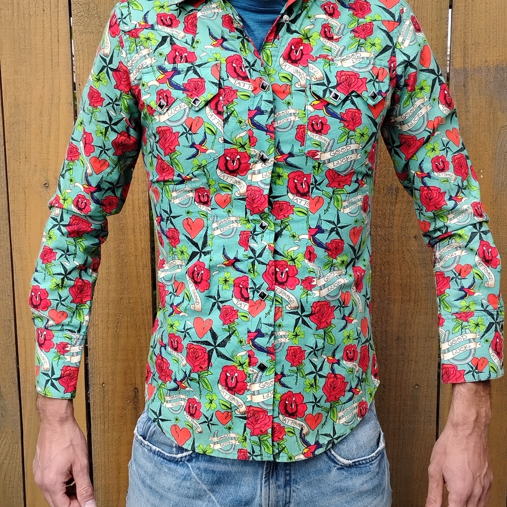 Vintage Rockmount Ranch Wear Men's S Floral Roses Black Diamond Shirt